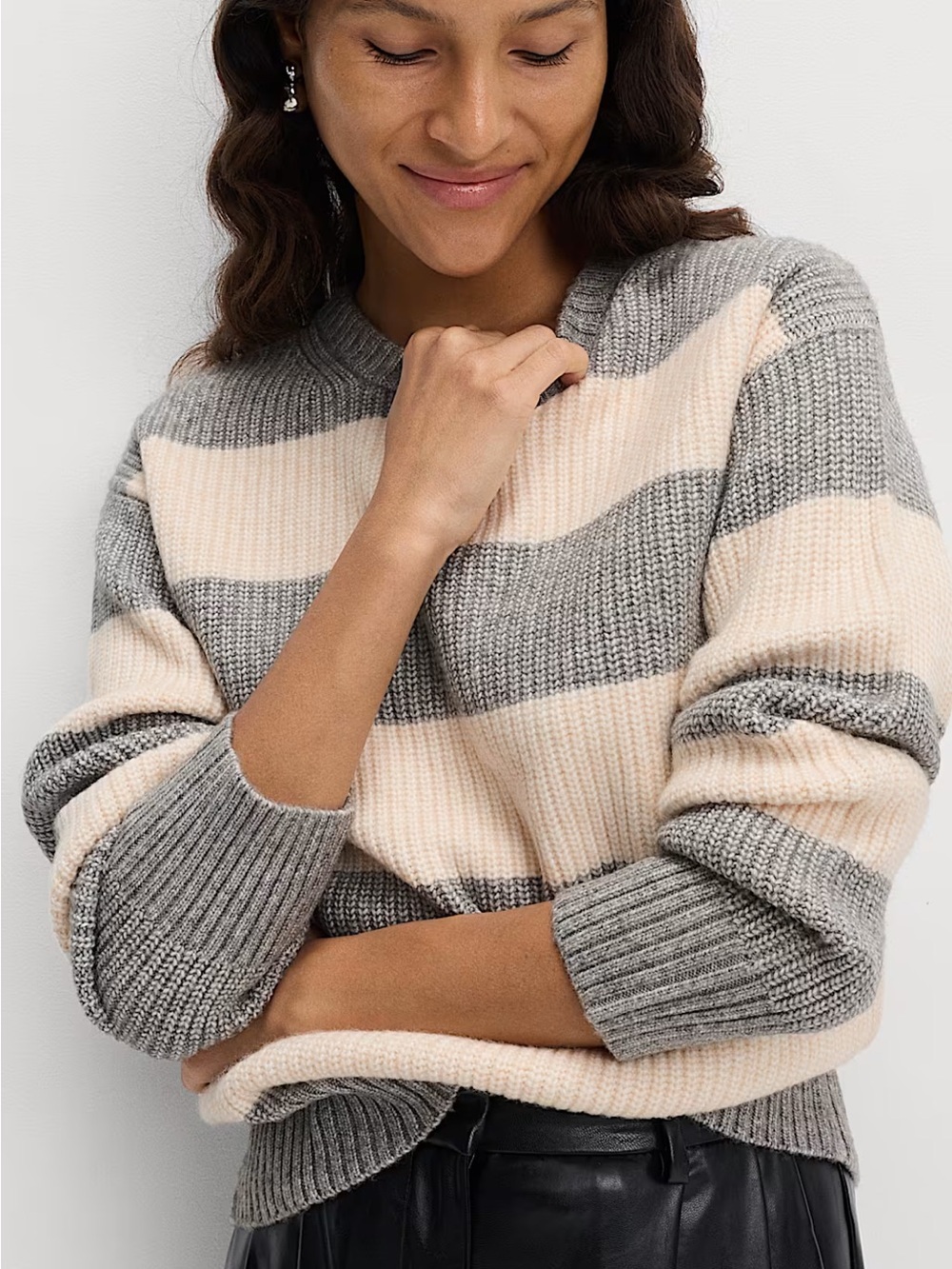 M&S Gray and Cream Striped Crewneck Sweater